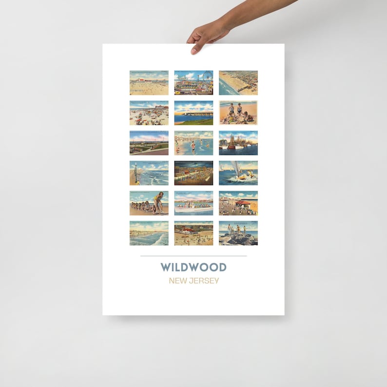 Puede incluir: Un collage de postales vintage con 16 im&aacute;genes diferentes de la playa de Wildwood, Nueva Jersey. Las im&aacute;genes muestran la playa, el paseo mar&iacute;timo y el oc&eacute;ano. El texto "WILDWOOD NEW JERSEY" est&aacute; impreso en la parte inferior del collage.