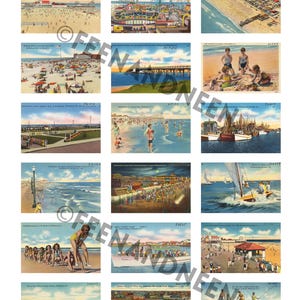 Puede incluir: Una colecci&oacute;n de postales vintage que muestran varias escenas de playa, incluyendo una noria, un muelle, un paseo mar&iacute;timo y personas disfrutando del agua. Las postales est&aacute;n en formato de collage, con cada postal mostrando una escena diferente.