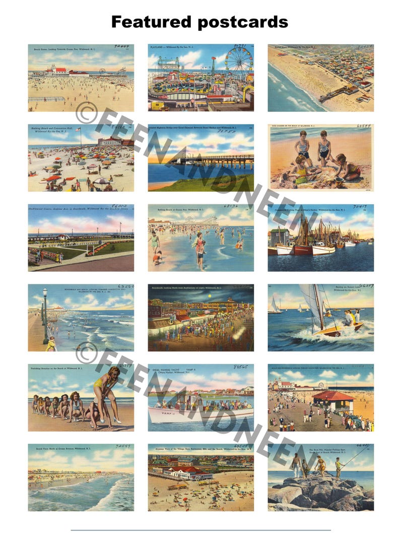 Puede incluir: Una colecci&oacute;n de postales vintage que muestran varias escenas de playa, incluyendo una noria, un muelle, un paseo mar&iacute;timo y personas disfrutando del agua. Las postales est&aacute;n en formato de collage, con cada postal mostrando una escena diferente.