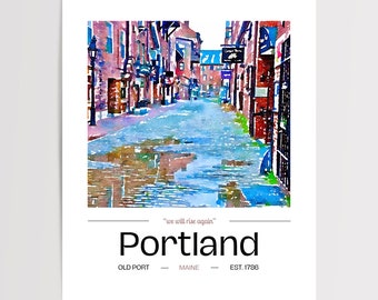 メイン州ポートランドの水彩画アートプリント | オールドポートの壁アート | メイン州の旅行プリント | オールドポートメイン州のポスター | ニューイングランドの室内装飾