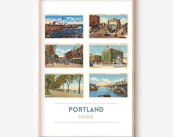 Portland, Maine 11x14 inch vintage postcard poster | Portland wall art | Casco Bay, ME art print | Portland Headlight gift | frame optional