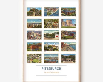 May include: A framed collage of vintage postcards depicting various scenes of Pittsburgh, Pennsylvania. The postcards feature images of bridges, buildings, and cityscapes.