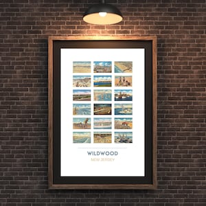 Puede incluir: Una impresi&oacute;n enmarcada de un collage de postales vintage que representan varias escenas de Wildwood, Nueva Jersey. Las postales muestran la playa, el paseo mar&iacute;timo y otras atracciones.