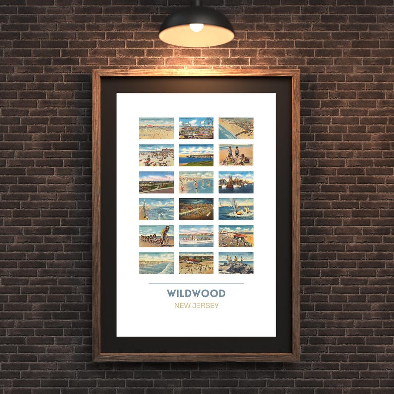 Puede incluir: Una impresi&oacute;n enmarcada de un collage de postales vintage que representan varias escenas de Wildwood, Nueva Jersey. Las postales muestran la playa, el paseo mar&iacute;timo y otras atracciones.