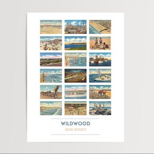 Puede incluir: Un collage de estilo vintage de 16 postales que representan varias escenas de Wildwood, Nueva Jersey. Las postales muestran im&aacute;genes de la playa, el paseo mar&iacute;timo, el parque de atracciones y otras atracciones. El texto "WILDWOOD NEW JERSEY" est&aacute; impreso en la parte inferior del collage.