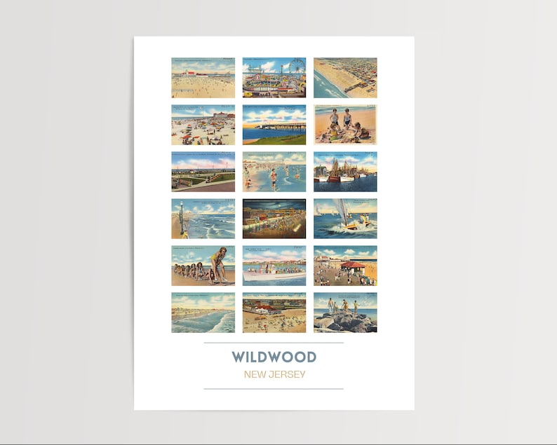Puede incluir: Un collage de estilo vintage de 16 postales que representan varias escenas de Wildwood, Nueva Jersey. Las postales muestran im&aacute;genes de la playa, el paseo mar&iacute;timo, el parque de atracciones y otras atracciones. El texto "WILDWOOD NEW JERSEY" est&aacute; impreso en la parte inferior del collage.