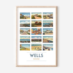Wells, affiche de carte postale vintage du Maine | Affiche de voyage à Wells Beach | Cartes postales du Maine | impression d'art vintage Wells ME | cadre en option