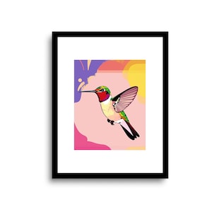 Impresión artística de colibrí / arte mural de colibrí garganta rubí / ilustración de colibrí / póster de aves / regalo para observadores de aves / SIN MARCO