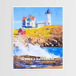 Nubble vuurtoren aquarel | Reisprint Maine | Muurkunst Cape Neddick | Vuurtorenschildering New England | Nubble Light-kunstprint