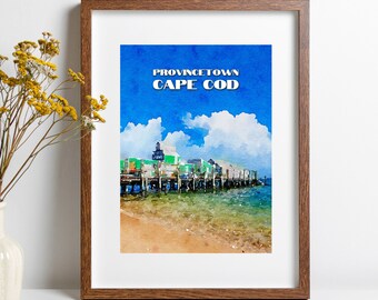 Provincetown, MA arte de pared / Impresión de viaje de Cape Cod / Impresión de arte de acuarela Captain Jack's Wharf / Decoración del hogar de Nueva Inglaterra / UNFRAMED