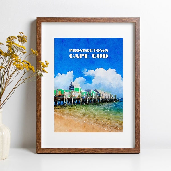 Provincetown, MA kunst aan de muur | Cape Cod reisprint | Captain Jack's Wharf aquarel kunstprint | Huisdecoratie uit New England | INGELIJST