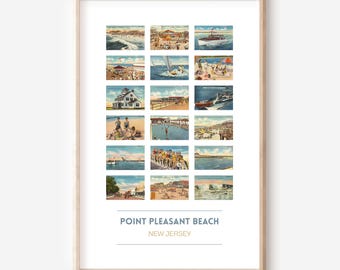 Może przedstawiać: Kolaż w stylu vintage z 16 pocztówek przedstawiających różne sceny z Point Pleasant Beach w New Jersey. Pocztówki przedstawiają plażę, promenadę i inne atrakcje. Tekst "POINT PLEASANT BEACH NEW JERSEY" znajduje się na dole kolażu.