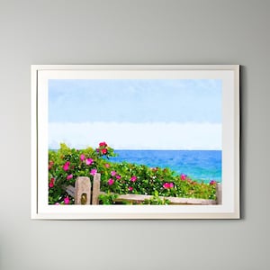 Acuarela de rosa de playa / arte de pared con arbusto de rosa rugosa / impresión artística de planta de rosa mosqueta / impresión de viaje a la costa de Maine / decoración de casa de playa de Nueva Inglaterra