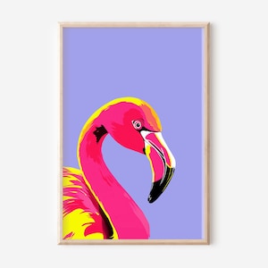 Impresión artística moderna de flamenco rosa / Póster de flamenco / Arte mural de flamenco pop art / Regalos para amantes de las aves / Ilustración de aves / SIN MARCO