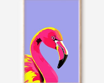Impresión artística moderna de flamenco rosa / Póster de flamenco / Arte mural de flamenco pop art / Regalos para amantes de las aves / Ilustración de aves / SIN MARCO