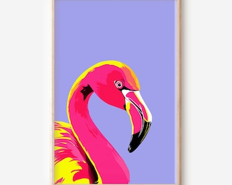 May include: A pink flamingo with yellow accents against a light purple background. The flamingo's head is turned to the side, and its beak is open.
