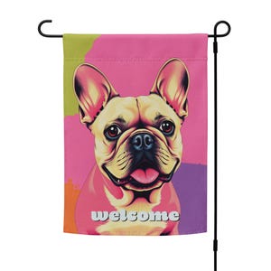 French bulldog welcome flag | double-sided pink Frenchie garden flag | dog porch decor | dog yard flag | Frenchie gift | pole not included