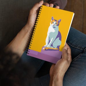 Modern cat spiral notebook | white cat notebook | yellow purple sketchbook | gift for cat lover | cat journal | white orange cat stationary
