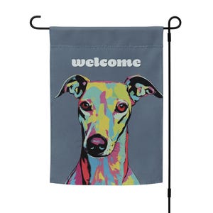 Greyhound welcome flag | double-sided greyhound garden flag | dog porch decor banner | dog yard flag | greyhound gifts | pole not included