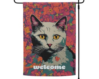 Modern flower white cat welcome flag | white cat garden flag | double-sided pink orange floral cat porch decor or banner | pole not included