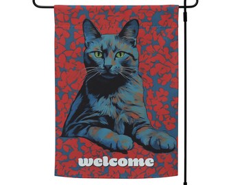 Blue cat welcome flag with red flowers | cat garden flag | double-sided indoor/outdoor floral cat porch decor or banner | pole not included