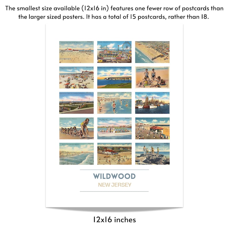 Puede incluir: Un p&oacute;ster de estilo vintage con 15 postales de Wildwood, Nueva Jersey. Las postales representan diversas escenas de la playa, el paseo mar&iacute;timo y el oc&eacute;ano. El p&oacute;ster mide 30,5 cm por 40,6 cm.