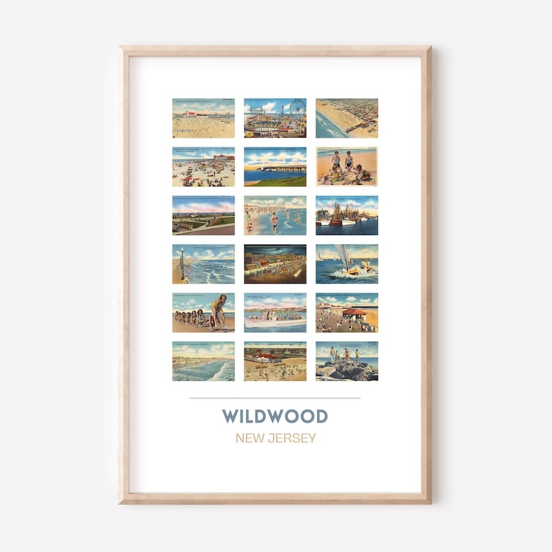 Puede incluir: Un collage de estilo vintage de 16 postales que representan varias escenas de Wildwood, Nueva Jersey. Las postales muestran im&aacute;genes de la playa, el paseo mar&iacute;timo, el parque de atracciones y otras atracciones. El texto "WILDWOOD NEW JERSEY" est&aacute; impreso en la parte inferior del collage.
