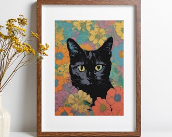 Black cat pop art PRINTABLE wall art | black cat art print | floral cat poster | gifts for cat lovers | digital file | INSTANT DOWNLOAD