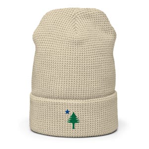Waffle knit beanie embroidered with old Maine flag | original Maine state flag hat | Maine gifts | Maine winter hat | Maine beige beanie