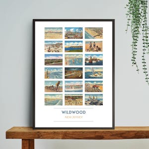 Puede incluir: Un p&oacute;ster de estilo vintage con un collage de 16 im&aacute;genes de postales del paseo mar&iacute;timo y la playa de Wildwood en Nueva Jersey. El p&oacute;ster tiene un marco negro y el texto "Wildwood, Nueva Jersey" en la parte inferior.