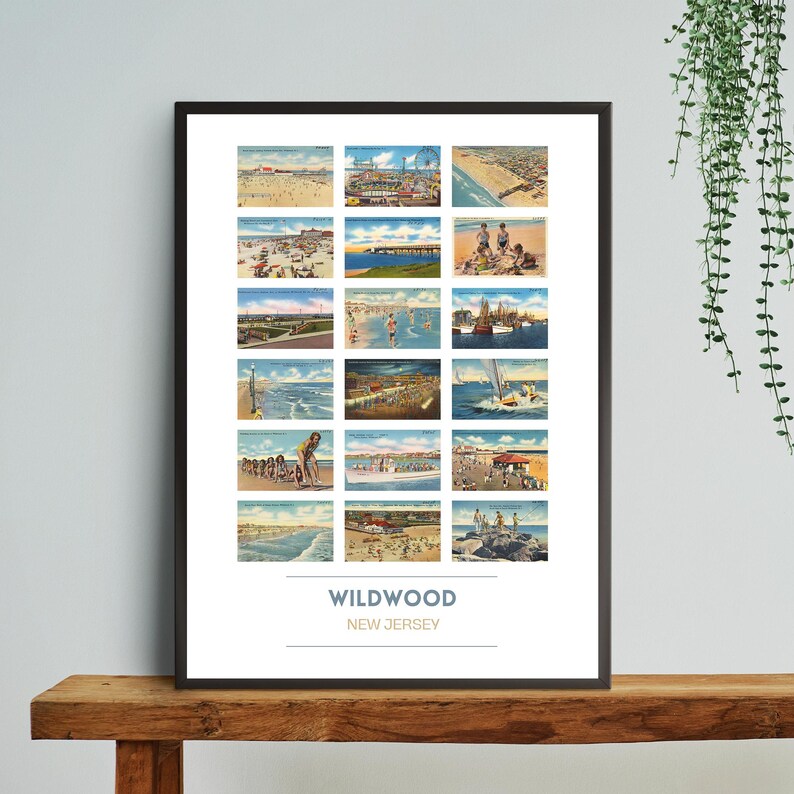Puede incluir: Un p&oacute;ster de estilo vintage con un collage de 16 im&aacute;genes de postales del paseo mar&iacute;timo y la playa de Wildwood en Nueva Jersey. El p&oacute;ster tiene un marco negro y el texto "Wildwood, Nueva Jersey" en la parte inferior.