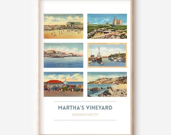 Plakat w stylu vintage z pocztówką Martha's Vineyard 11 x 14 cali | Wydruk artystyczny Martha's Vineyard, MA | Prezent na ścianę z motywem Martha's Vineyard | Opcjonalna rama