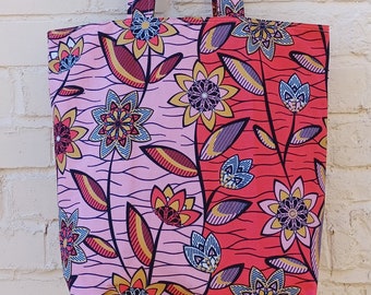 Reversible Tote Bag Pink Floral and Orange Ankara Fabric