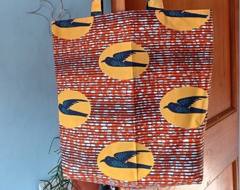 Orange Speed Bird and Purple Flower Fabric Ankara Fabric Reversible Tote Bag