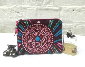 Make Up Bag Pink and Blue Mandala Design African Fabric