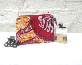 Orange and Red Floral African Fabric Cosmetics Bag