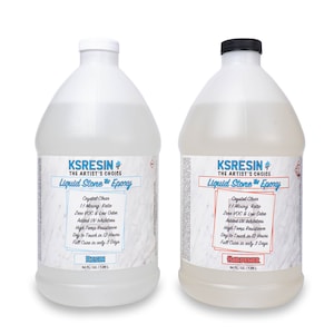 May include: Two clear plastic bottles labelled "KSRESIN+ The Artist's Choice Liquid Stone Epoxy". One bottle is labelled "Resin" and contains 64 fluid ounces (1.89 litres). The other bottle is labelled "Hardener" and contains 64 fluid ounces (1.88 litres).