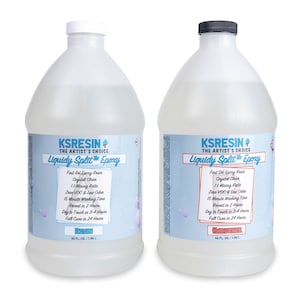 May include: Two clear plastic bottles labeled "KSRESIN+ The Artist's Choice Liquidy Split Epoxy" with one labeled "Resin" and the other labeled "Hardener". Both bottles are 64 fl oz (1.89 L).