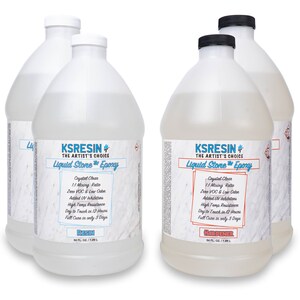 May include: Four clear plastic bottles of KRESIN+ Liquid Stone Epoxy, two labelled "Resin" and two labelled "Hardener". Each bottle contains 64 fluid ounces (1.89 litres).