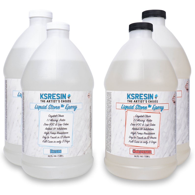 May include: Four clear plastic bottles of KRESIN+ Liquid Stone Epoxy, two labelled "Resin" and two labelled "Hardener". Each bottle contains 64 fluid ounces (1.89 litres).