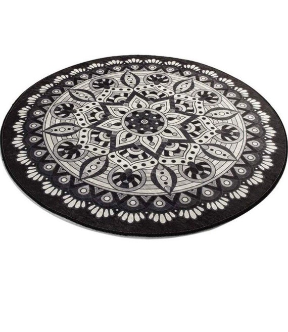 Round Bath Bathroom Rug Carpet Mat Black White Mandala Image 0