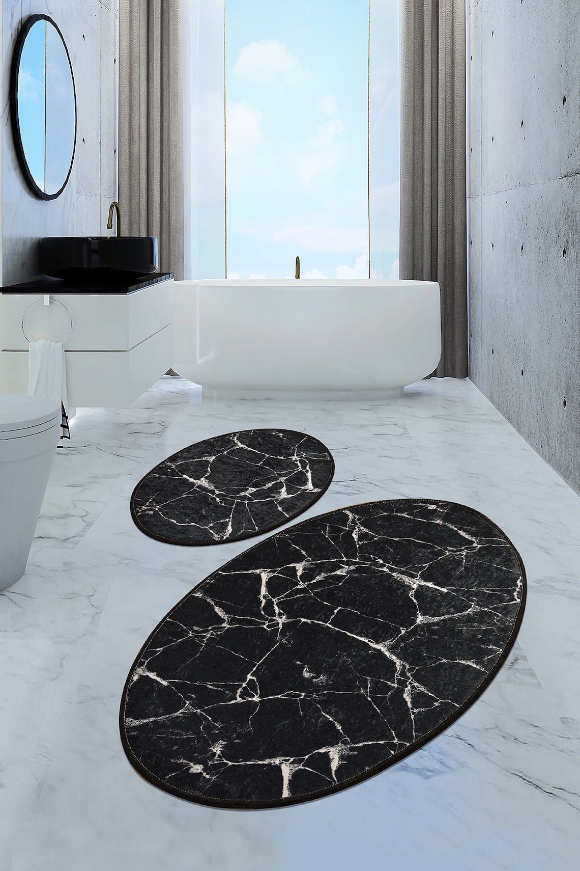 2 Pcs Bathroom Rug BLACK MARBLE Antibacterial Soft Bath Mat Etsy