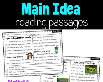 Main Idea Passages Nonfiction Reading Comprehension Worksheets & Digital Slides