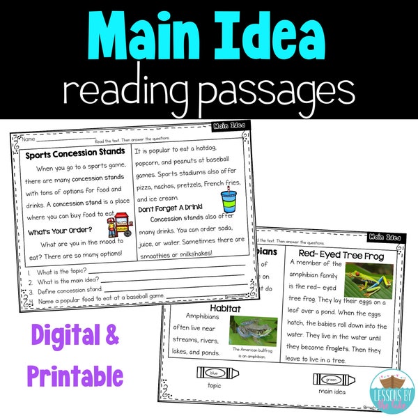 Main Idea Passages Nonfiction Reading Comprehension Worksheets & Digital Slides