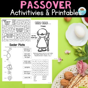 May include: A vibrant image featuring Passover-themed activities and printables. The image includes a maze, a word search, and a Seder plate guide. The text reads "PASSOVER Activities & Printables" in pink. A plate with an egg, matzah, and walnuts is also visible.