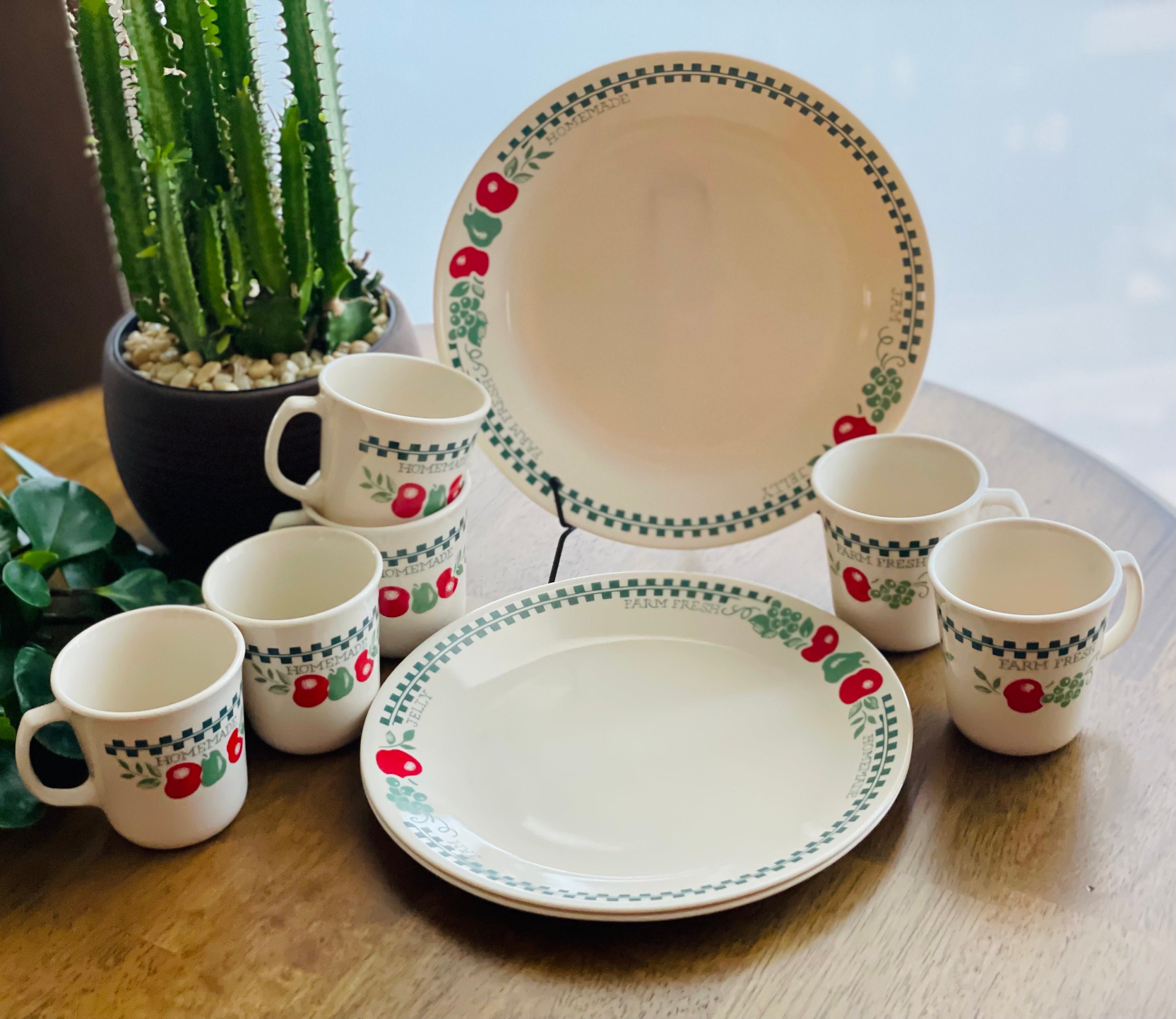 1970 s Vintage Corning Ware Corelle FARM FRESH Pattern With Green Checkerboard Dinner Plates Mugs Sold Separately Etsy