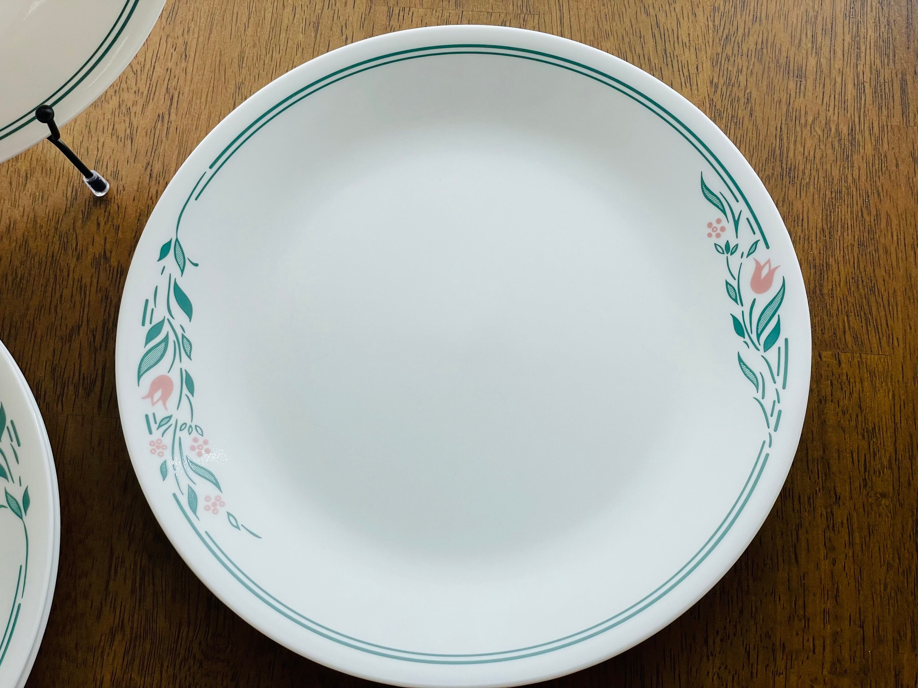 Corelle Rosemarie Dinner Plates 10 1/4 Pink Tulips Teal Green Leaves