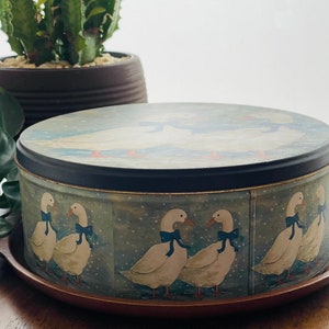 1980's Vintage Geese Large Tin Canister Sewing Box, Trinket Box, Home Decor 9.5 Diameter image 3