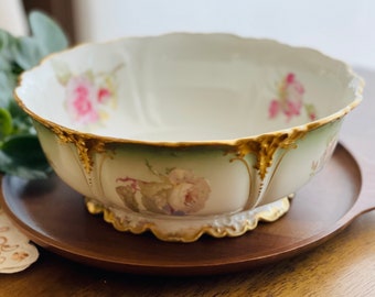 GDA Limoges France Pedestal Serving Bowl with Pink Yellow Roses Hand-painted Gold Trim Fabrique Pour L.H. Yeager & Company, Allentown Pa.