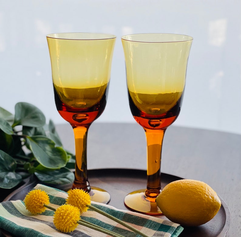 Vintage Handblown Amber Wine Glasses Goblets With Controlled Bubbles